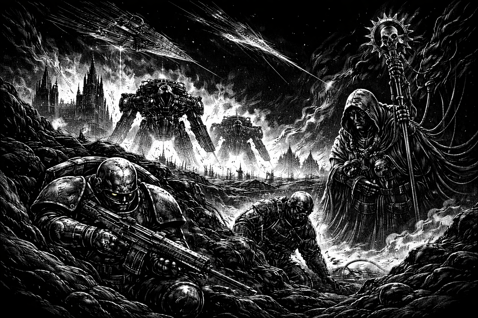 Schlachtfeld — Soldaten im Schützengraben vor brennendem Horizont